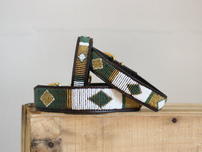SIOUX - GREEN handmade beaded leather dog collar